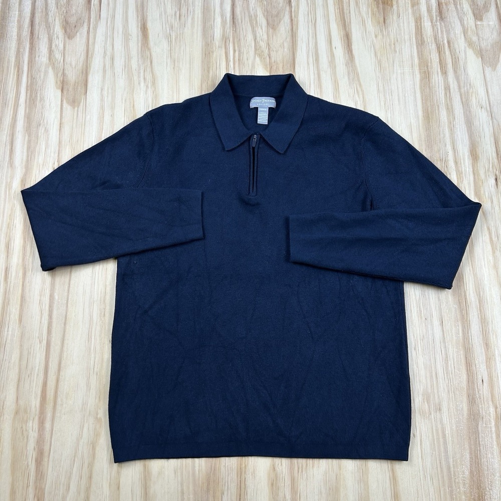 Hickey Freeman Sweater Mens Med Navy Blue Knit Pullover Heavyweight 1/4 Zip